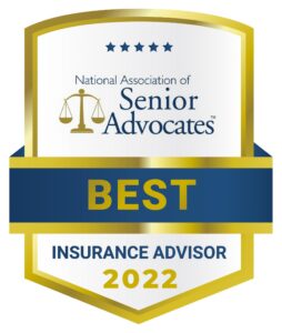 A gold and blue award with the words " best insurance advisor 2 0 2 2 ".